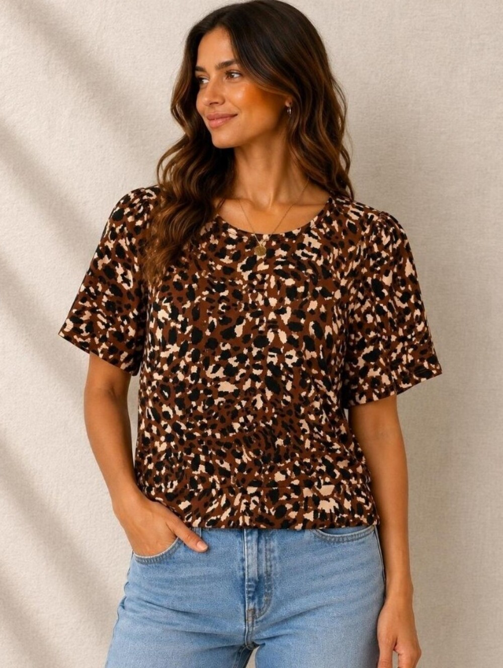 Ann Taylor Factory Short Sleeve Animal Print Top